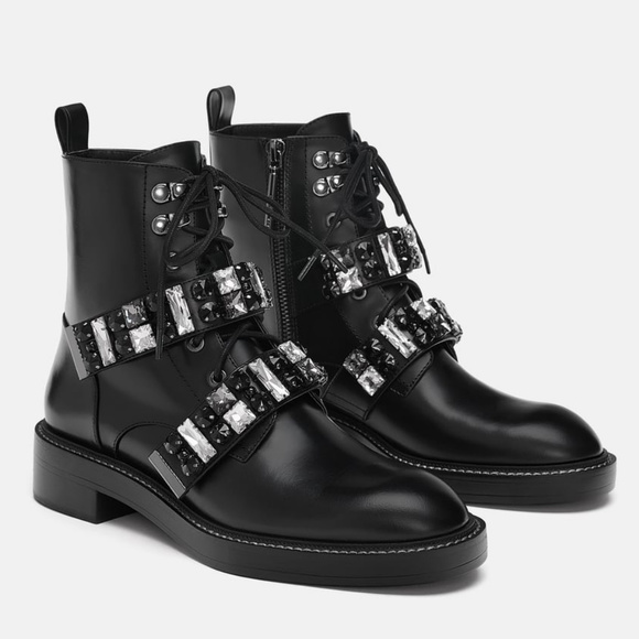 leather biker ankle boots with bejewelled straps